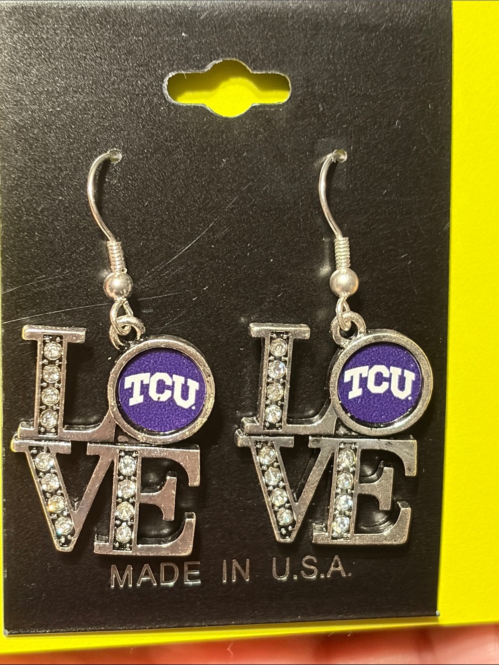Silver 'LOVE' Earrings with Purple TCU Accents